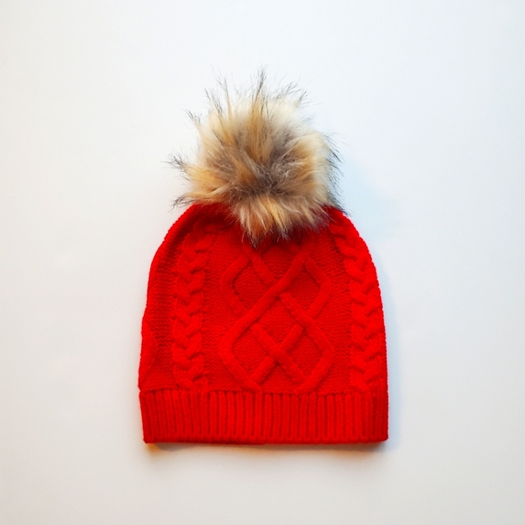 JCrew Pompom Red Cable Knit Beanie Hat